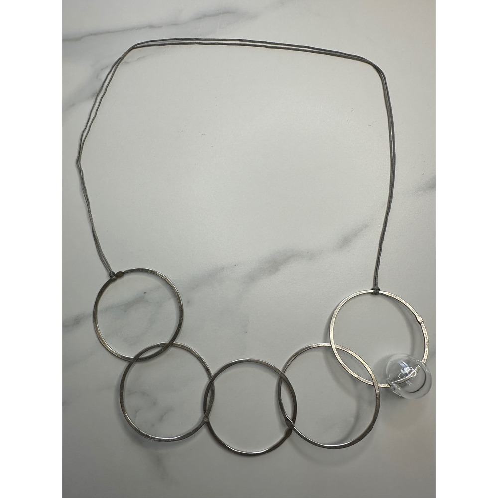 Artisan Hammered Sterling Interlocking Rings Necklace Glass Orb Statement Piece
